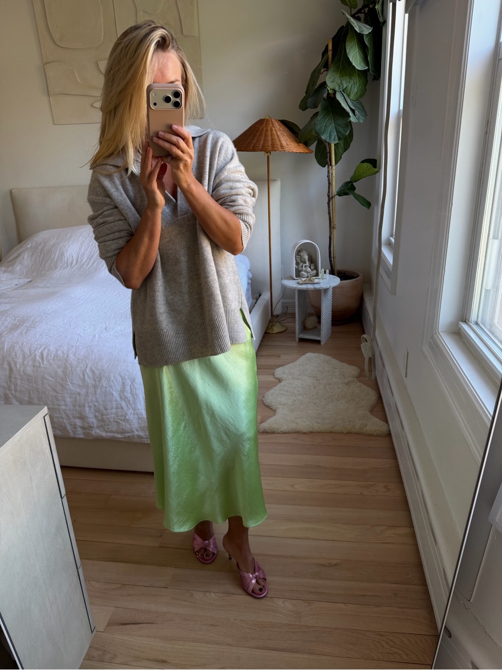 Vince Lime Green Satin Midi Slip Skirt size M